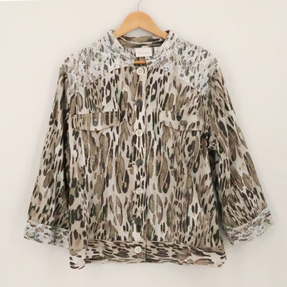 Chicos Leopard Print Lace Button Shacket Womens Size 3 or  XL Tan Olive Green